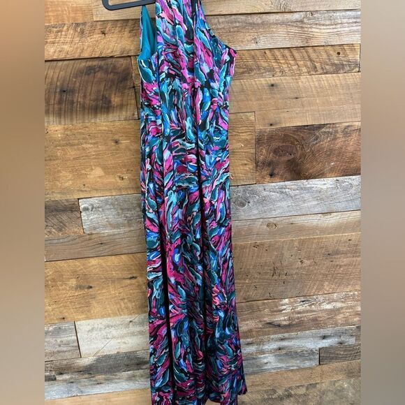 Nicole Miller long lined silky racerback w/pockets  colorful abstract print sz M - Picture 2 of 9